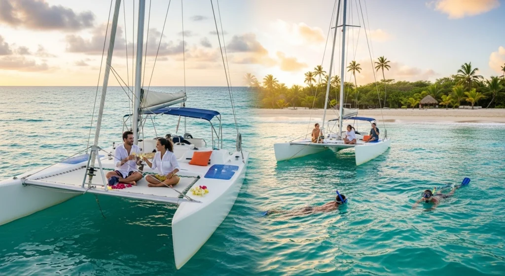Couple enjoying a private catamaran cruise in Punta Cana with turquoise waters, sunset, and snorkeling adventures nearby.