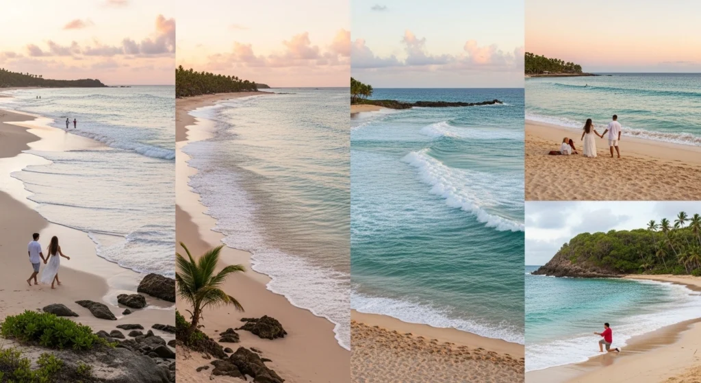 Panoramic sunset view of Punta Cana beaches showing Juanillo, Bavaro, Macao and Cabeza de Toro with couples walking, sitting and a proposal on soft white sand beside turquoise water and palm trees.