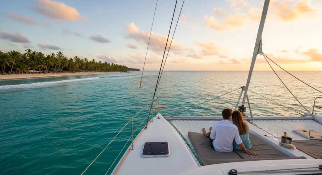 A couple enjoying a private catamaran cruise in Punta Cana at sunset, with turquoise waters, soft white beaches, and a peaceful, romantic atmosphere.