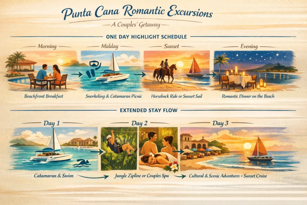 Punta Cana romantic itinerary infographic for couples with beach, catamaran, sunset, and dinner activities.