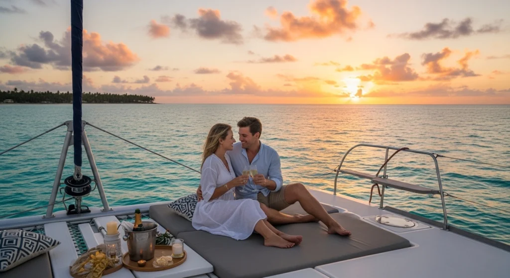 Couple enjoying a romantic sunset catamaran cruise in Punta Cana, sitting close with champagne glasses on the deck, surrounded by calm turquoise waters and warm sunset colors.