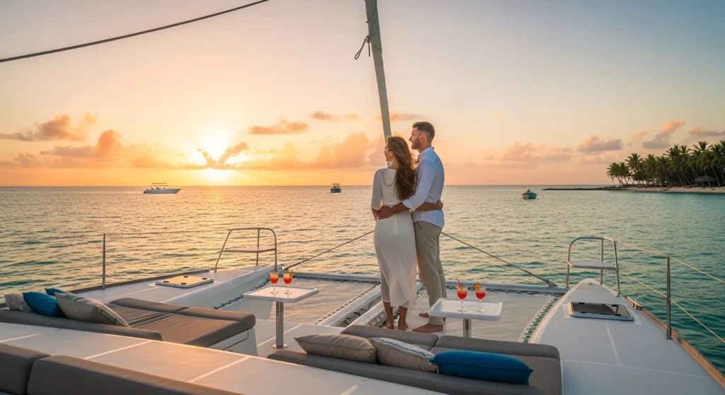 Couple standing on a luxury catamaran at sunset in Punta Cana with ocean views and warm golden sky