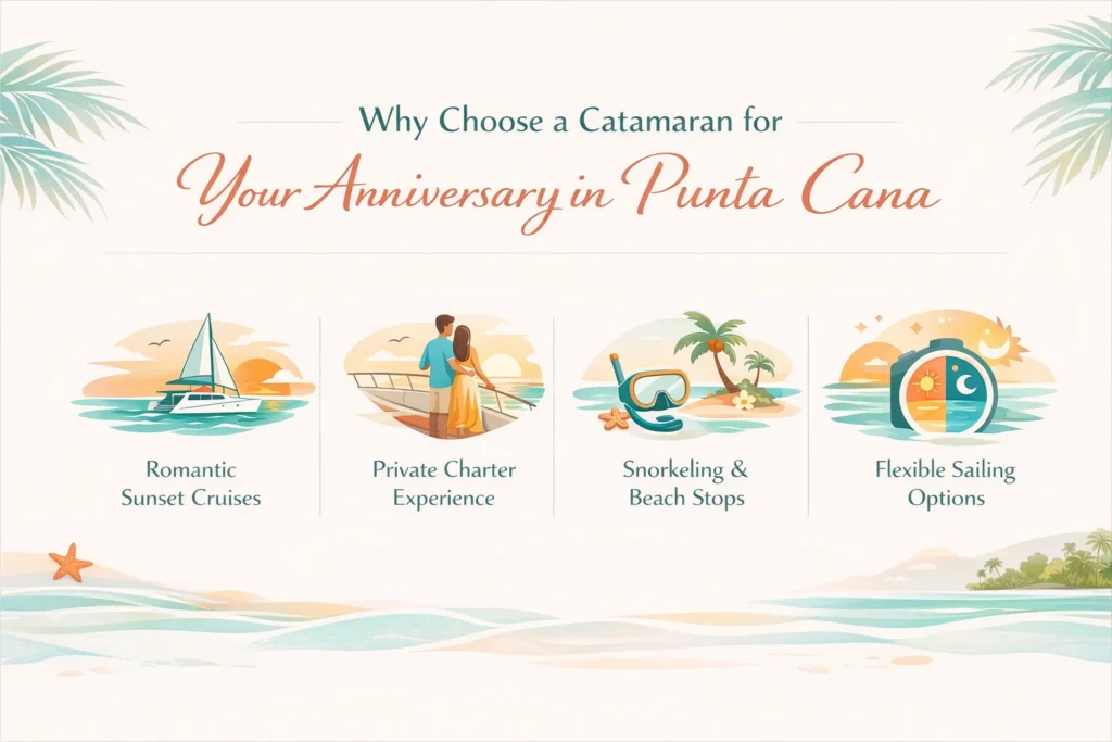 Showing why a catamaran is ideal for an anniversary in Punta Cana with sunset cruises, private charters, snorkeling and flexible sailing options.