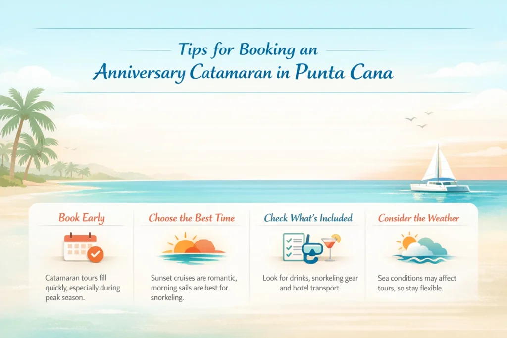 Travel infographic with tips for booking the best anniversary catamaran in Punta Cana including timing, inclusions, and weather considerations.