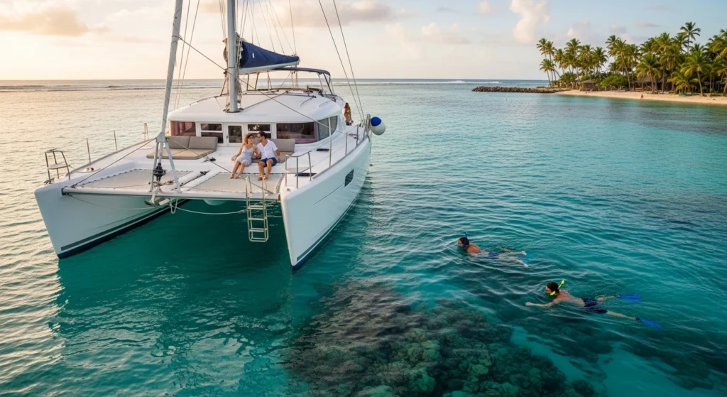 Couples enjoying a romantic catamaran cruise in Punta Cana with sunset views and snorkeling in turquoise Caribbean water.