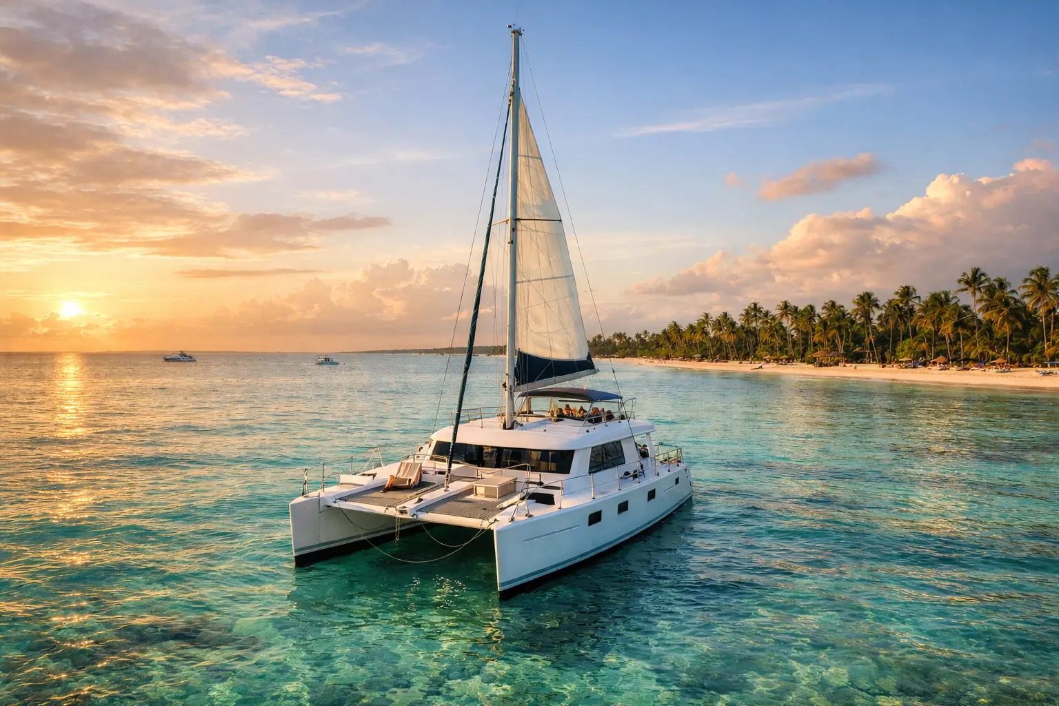 Best catamaran tours Punta Cana featuring a luxury catamaran sailing on calm turquoise water at sunset with a tropical coastline in the background