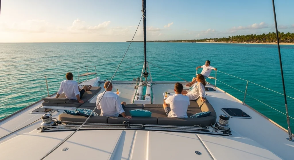 Best catamaran tours Punta Cana showing a luxury catamaran sailing on turquoise water with a few people relaxing on deck enjoying a calm ocean view and coastline in the background.