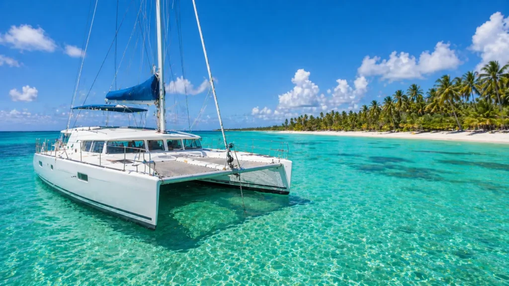 catamaran party boat anchored in shallow turquoise water near palm-lined beach in Punta Cana