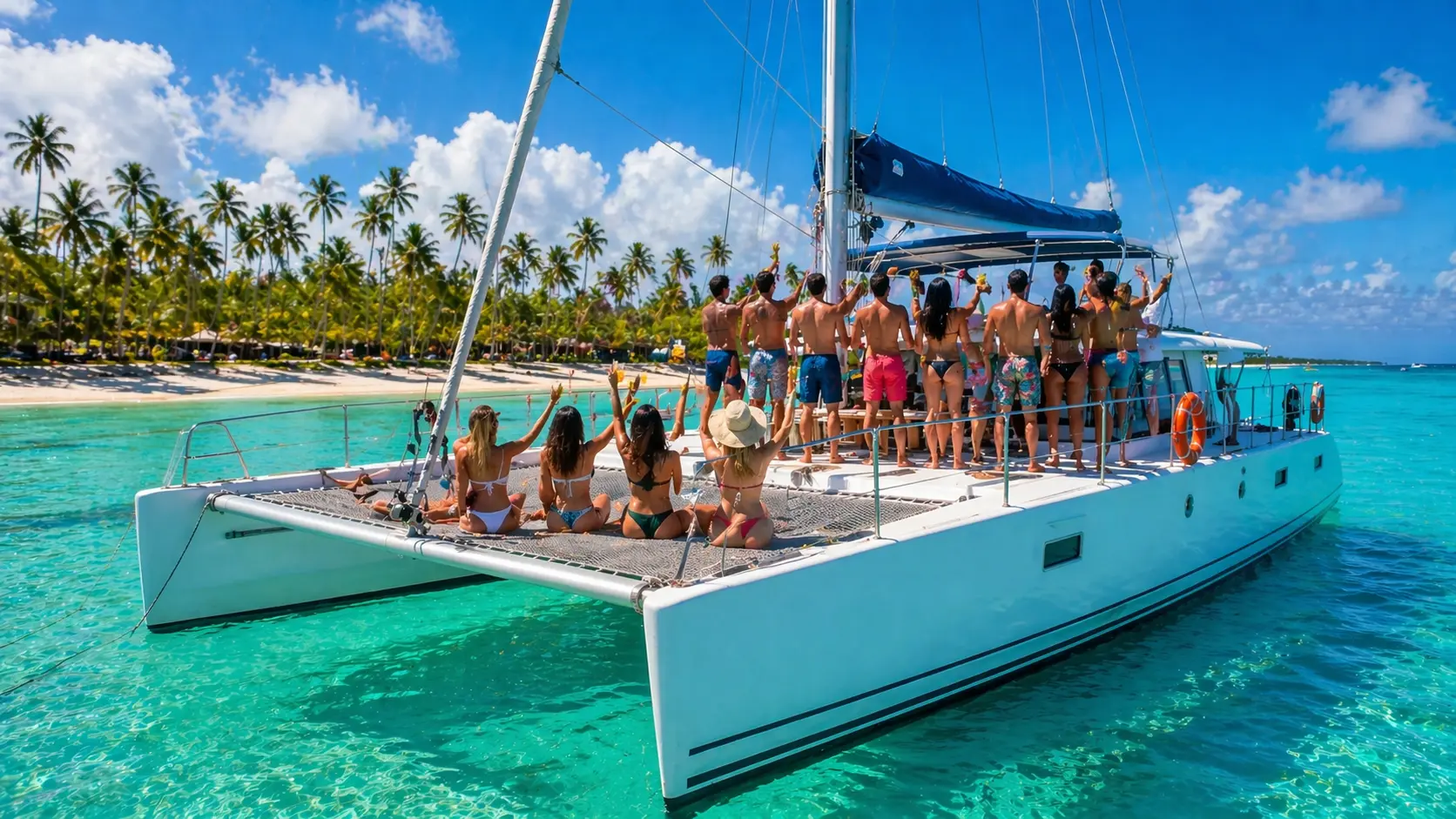 Catamaran party boat in Punta Cana with a group enjoying music and drinks on turquoise water near Bavaro Beach