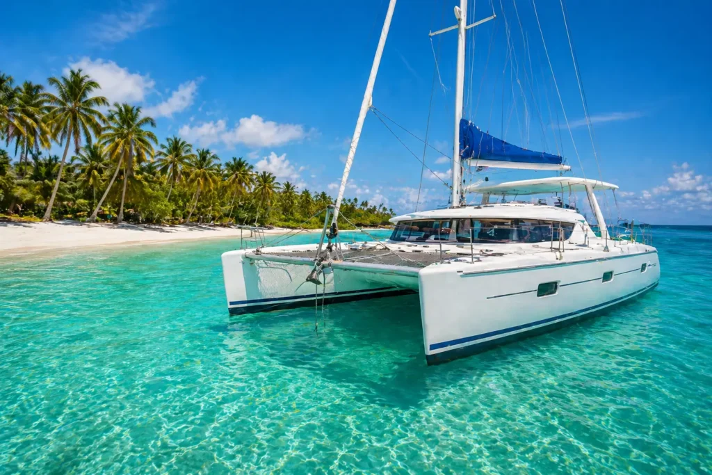 Catamaran anchored in clear turquoise water near Saona Island with palm-lined beach and calm Caribbean sea