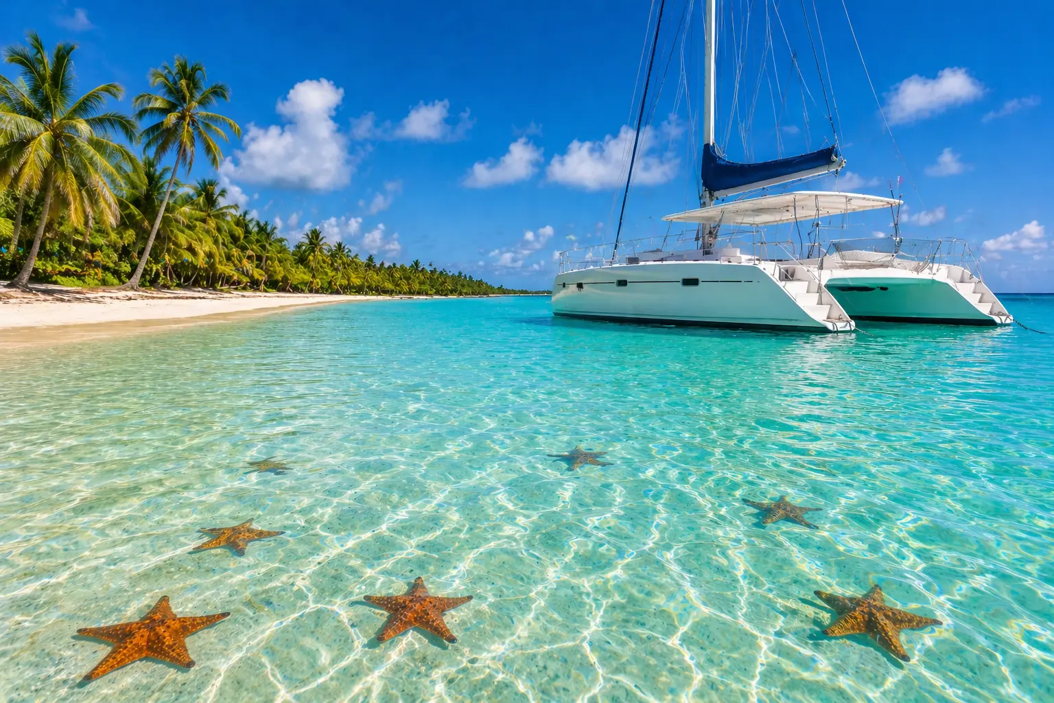 Saona Island Punta Cana with turquoise water, white sand beach, starfish in shallow water and a luxury catamaran