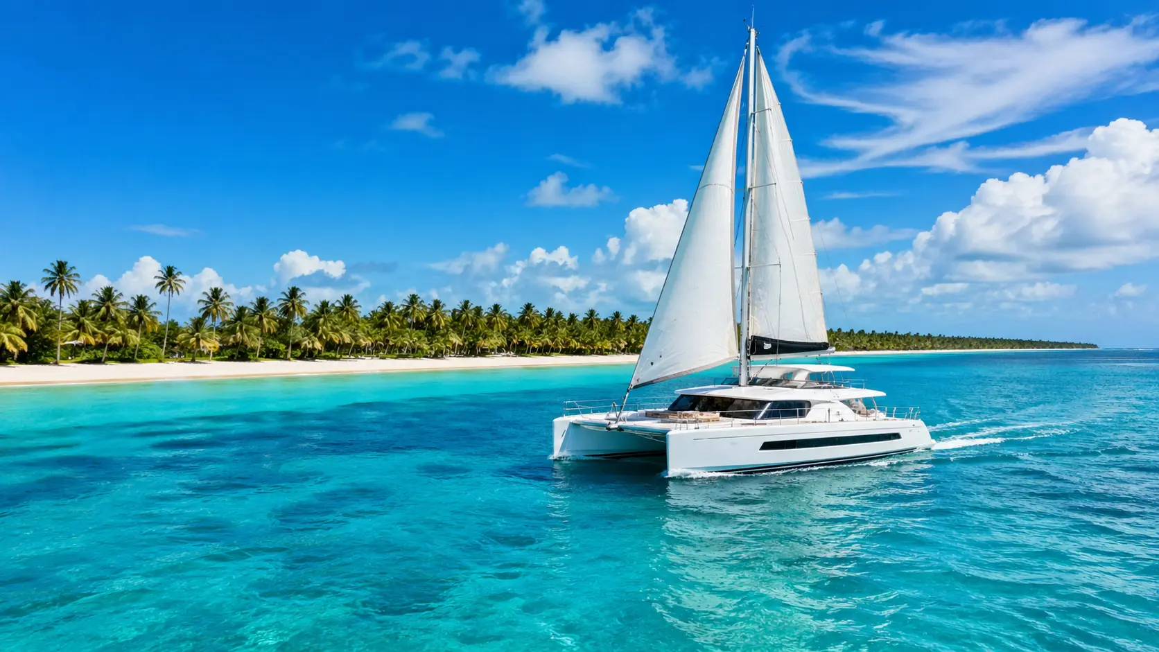 Luxury catamaran sailing in turquoise waters near Saona Island with white sand beach and palm trees in Punta Cana