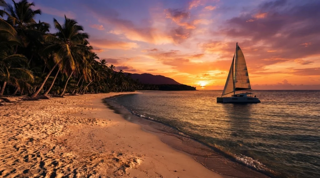 Catamaran sailing near a palm lined Saona Island beach at sunset