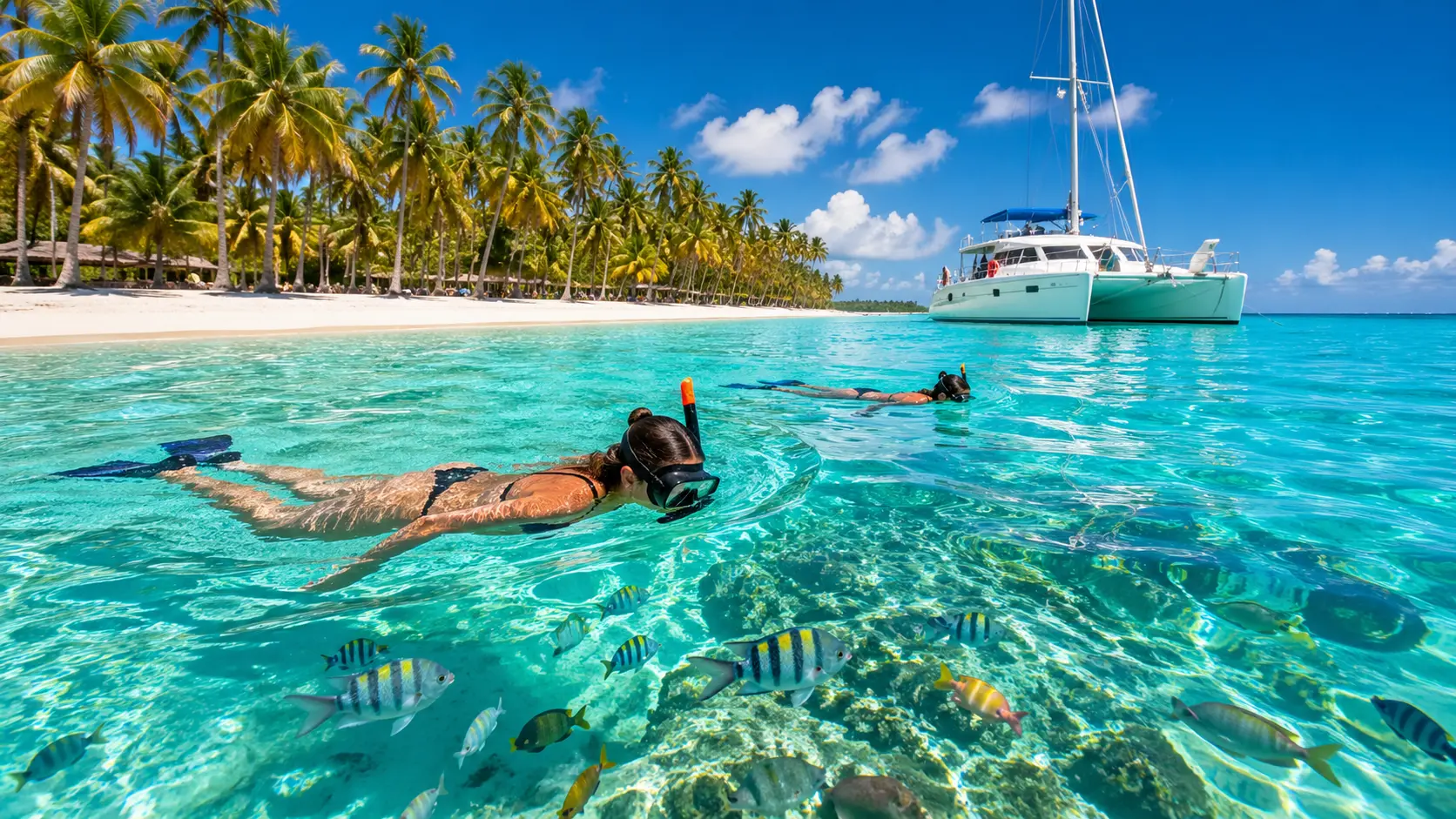 Snorkeling Saona Island Dominican Republic with tropical fish clear water and catamaran near palm beach