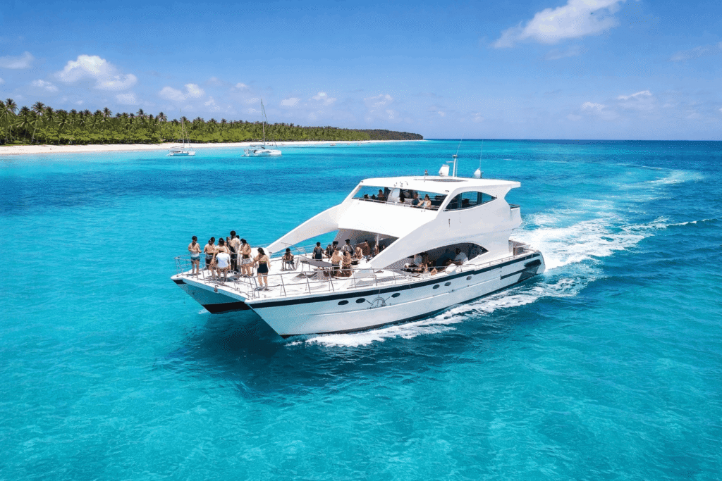 Private group catamaran trip to Saona Island with turquoise water and Caribbean coastline in Punta Cana