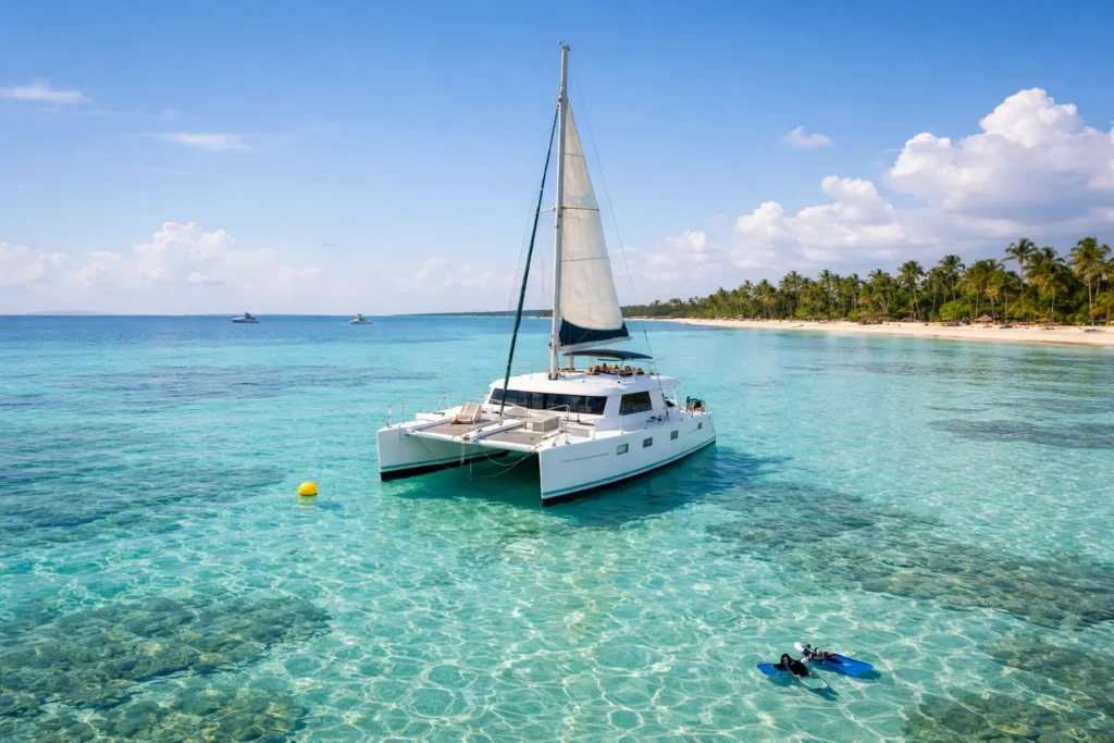 Best catamaran tours Punta Cana with a luxury catamaran anchored in a shallow natural pool with clear turquoise water and tropical coastline view.
