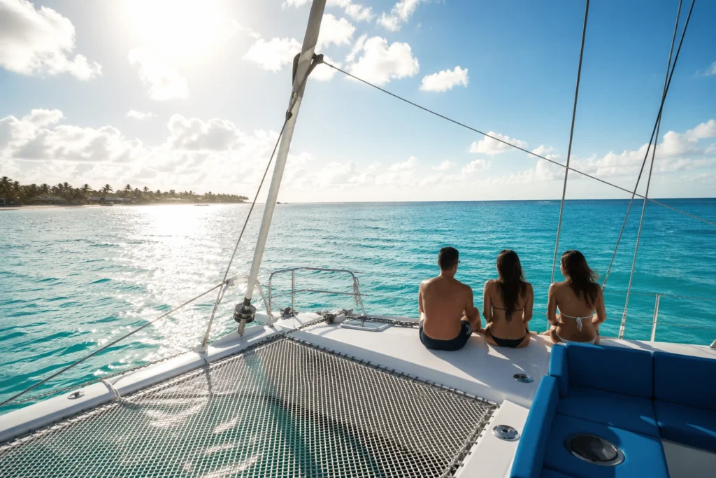 Three people sitting on the front deck of a catamaran party boat, facing the turquoise ocean in Punta Cana, enjoying a relaxed and social atmosphere under a bright sunny sky.