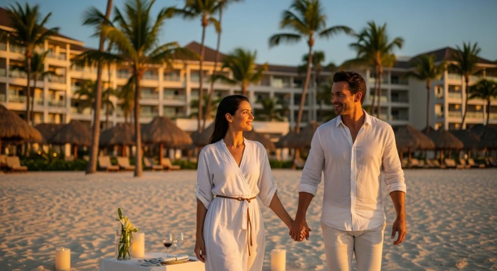 Romantic couple walking hand in hand on a Punta Cana beachfront resort at sunset with ocean views and candlelight dinner setup