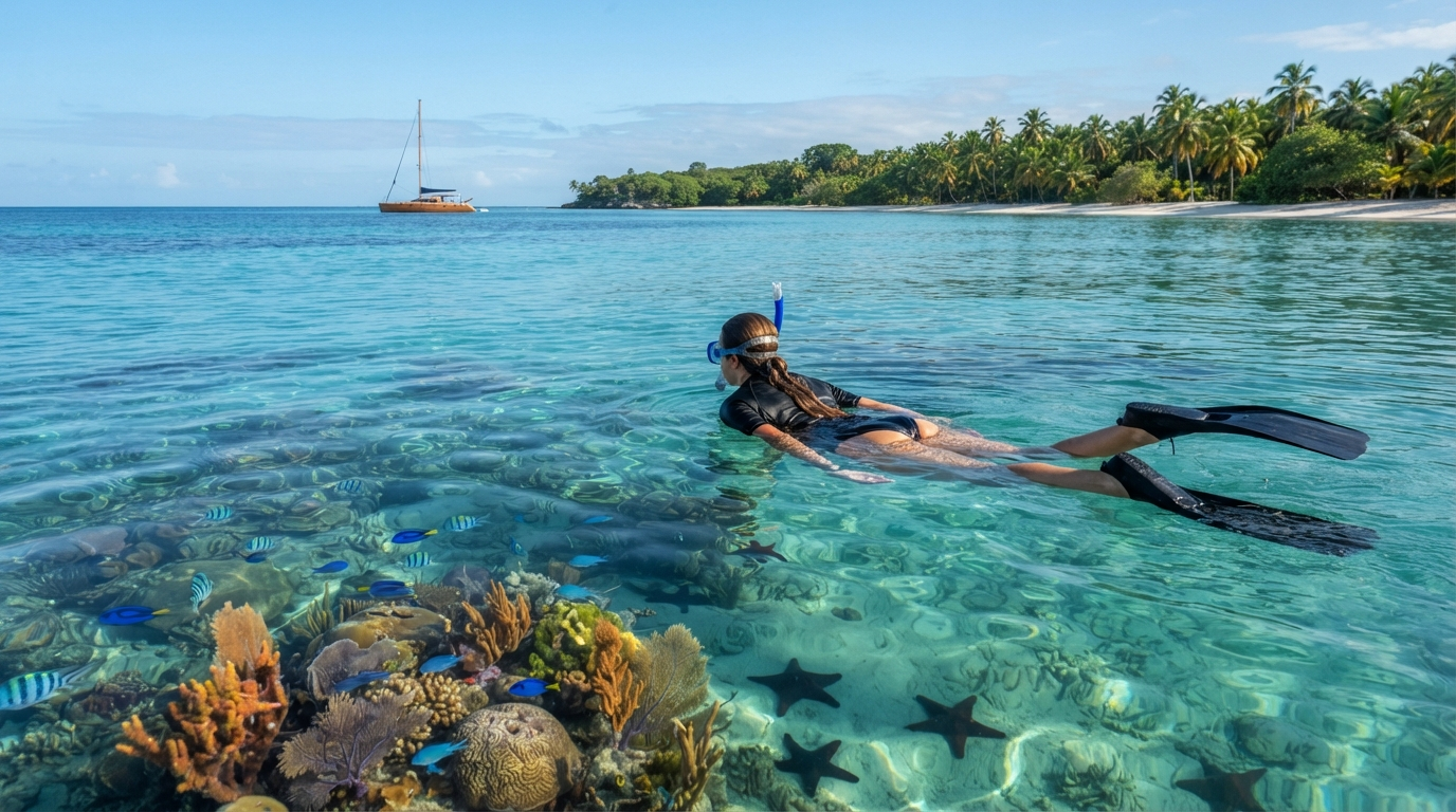 Snorkeling Saona Island Dominican Republic with a snorkeler exploring a clear tropical reef, colorful fish, starfish, and a palm-lined beach