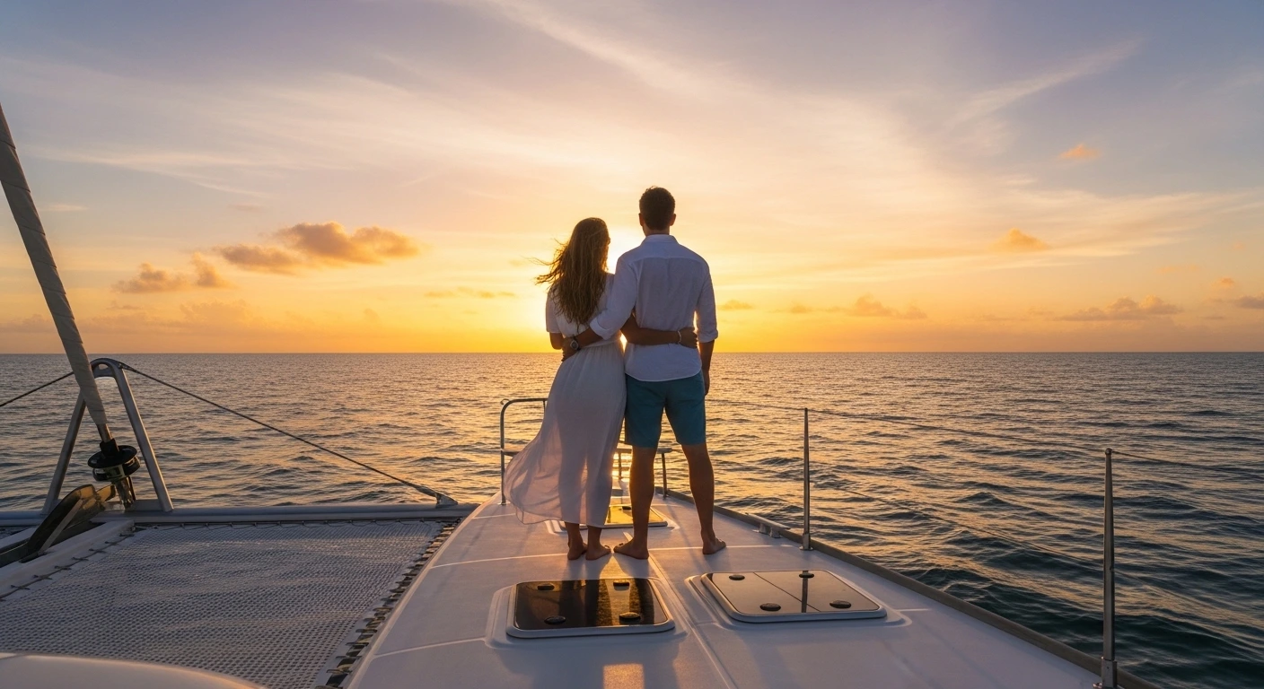Couple from behind enjoying a sunset date cruise Punta Cana on a catamaran with colorful sky and calm Caribbean ocean