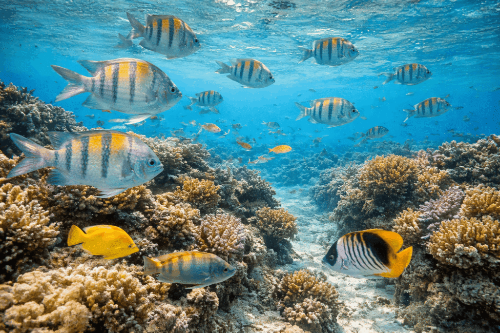 Underwater coral reef with colorful tropical fish and clear blue water showing marine life in a shallow snorkeling area