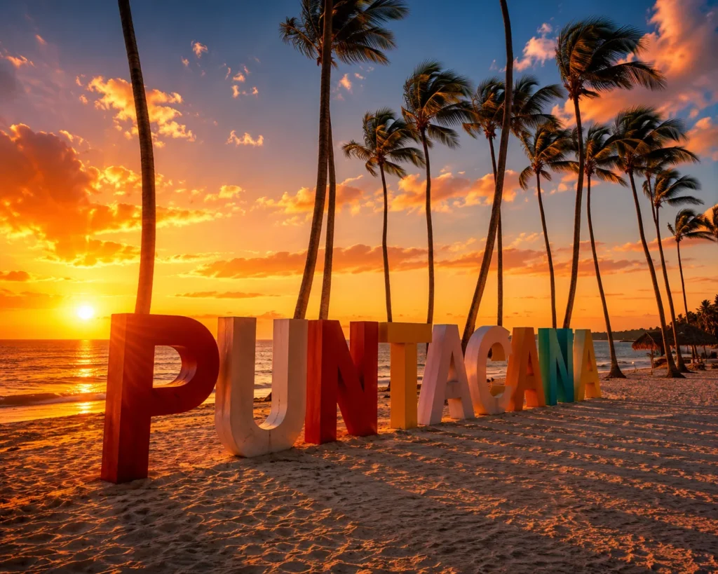 Punta Cana beach sign at sunset with swaying palm trees, golden Caribbean skies, and a tropical beachfront in the Dominican Republic.