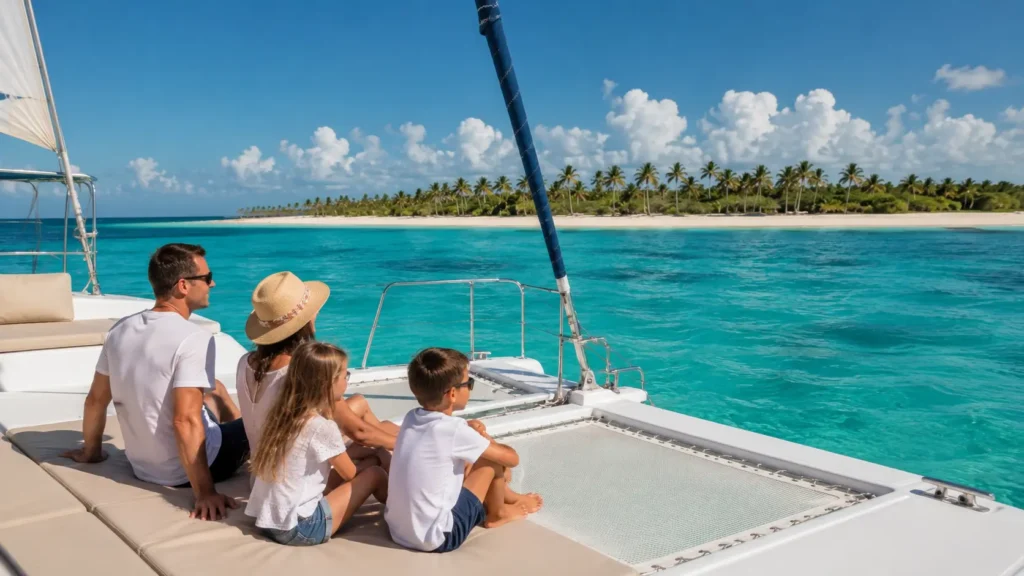 Family enjoying a calm catamaran cruise in Punta Cana with turquoise Caribbean waters, a tropical coastline, and a relaxing ocean view.