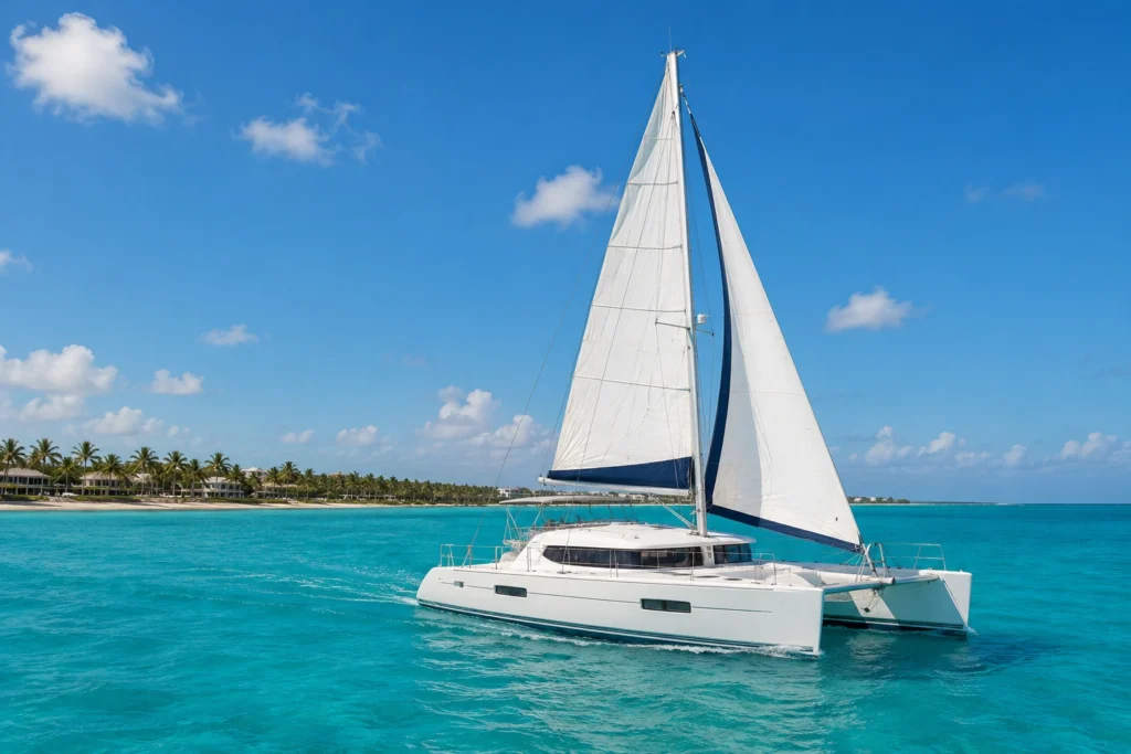 Luxury catamaran sailing across the turquoise waters of Punta Cana on a sunny day, showcasing ideal weather conditions for snorkeling, private boat tours, and tropical sailing adventures.