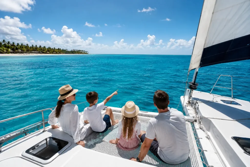 Family enjoying a relaxing catamaran sailing tour in Punta Cana with calm turquoise Caribbean waters, spacious deck, and a scenic tropical coastline perfect for kids.