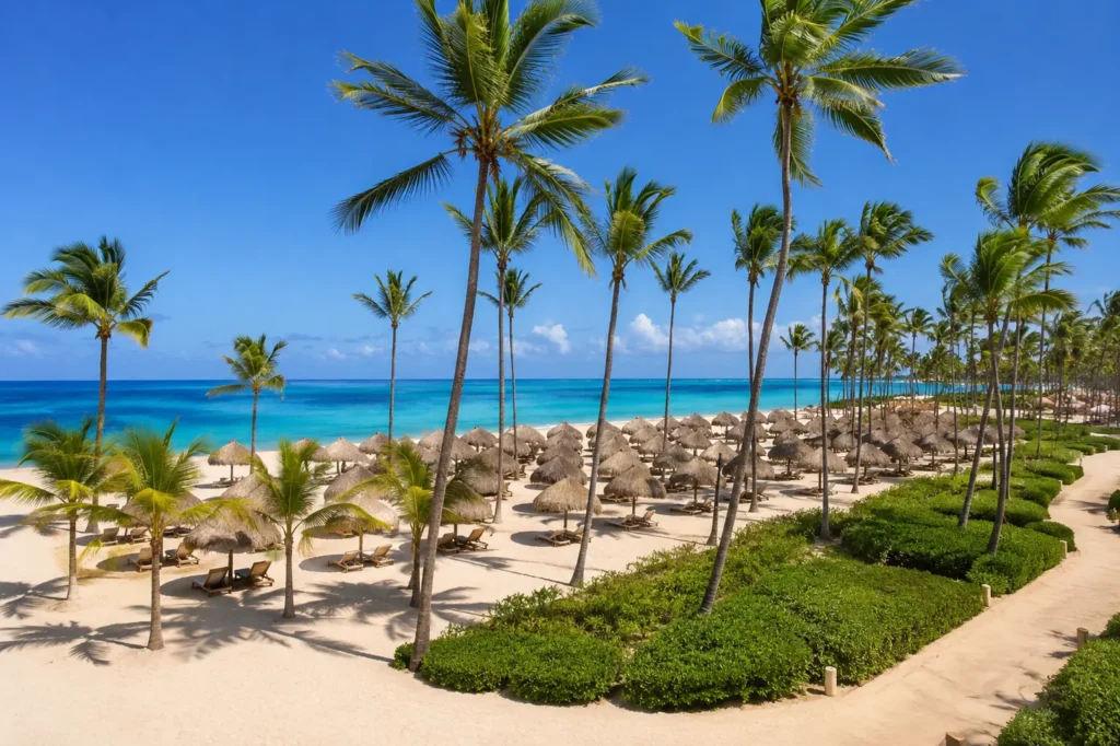 Dreams Royal Beach Punta Cana with a pristine white sand beach, swaying palm trees, thatched umbrellas, and crystal-clear Caribbean waters in a luxury all-inclusive resort setting.