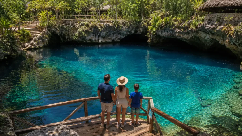 Family admiring the crystal-clear Hoyo Azul cenote at Scape Park in Punta Cana, surrounded by lush tropical rainforest and limestone cliffs.