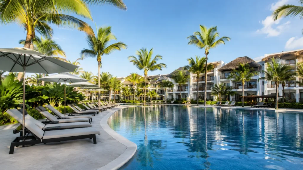 Grand Palladium Bávaro Suites Resort & Spa featuring a tropical lagoon-style pool, luxury suites, swaying palm trees, and a relaxing all-inclusive resort setting in Punta Cana.