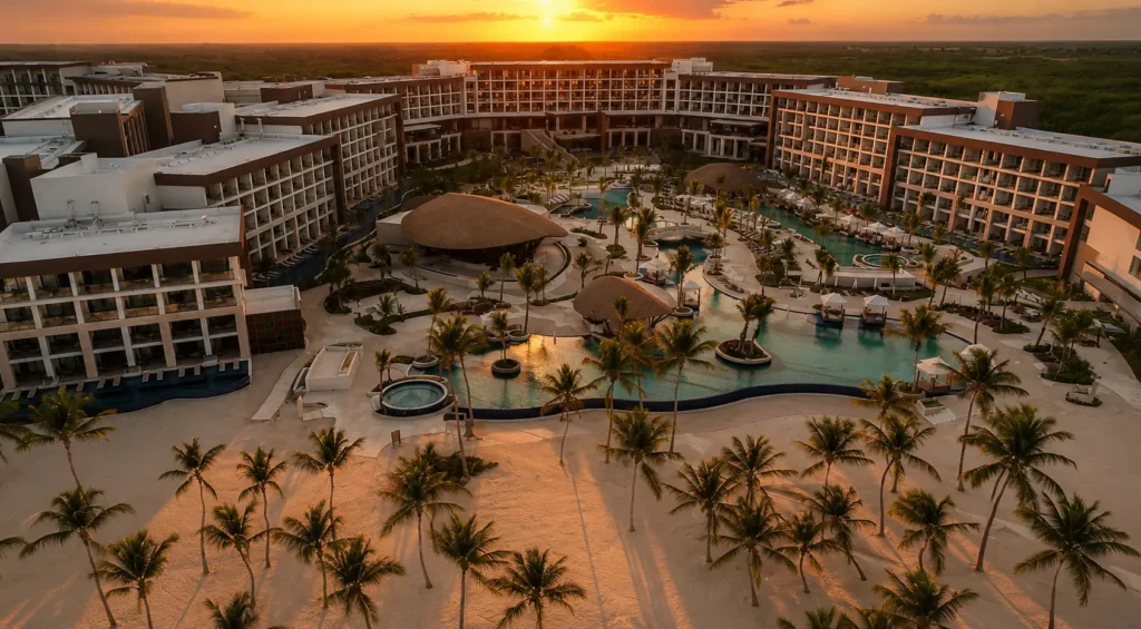Aerial sunset view of luxury Punta Cana family resorts featuring tropical pools, beachfront palm trees, and modern all-inclusive accommodations in the Dominican Republic.