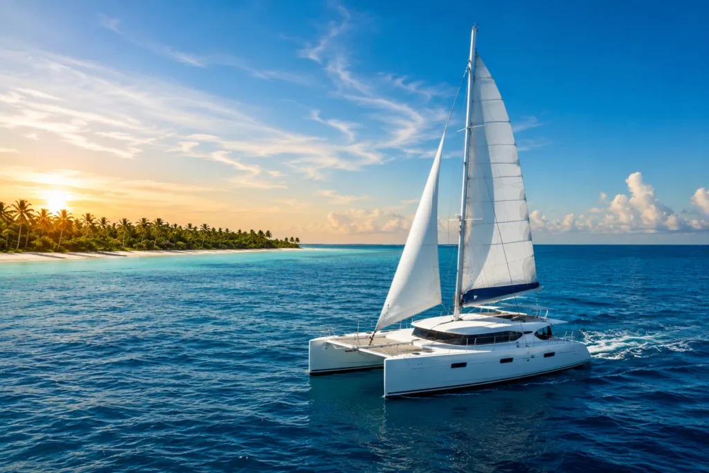 Luxury catamaran excursion in Punta Cana with turquoise Caribbean waters, tropical coastline, and scenic ocean views.