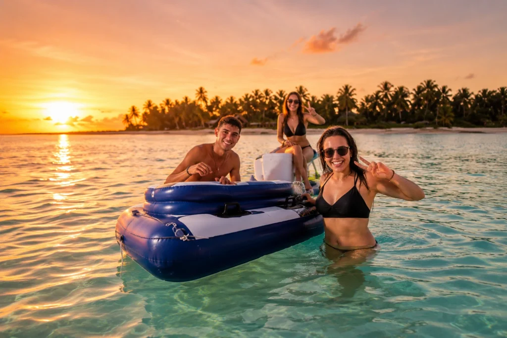 Travelers relaxing in the Natural Pool in Bávaro during a tropical sunset, enjoying crystal-clear Caribbean waters in Punta Cana.