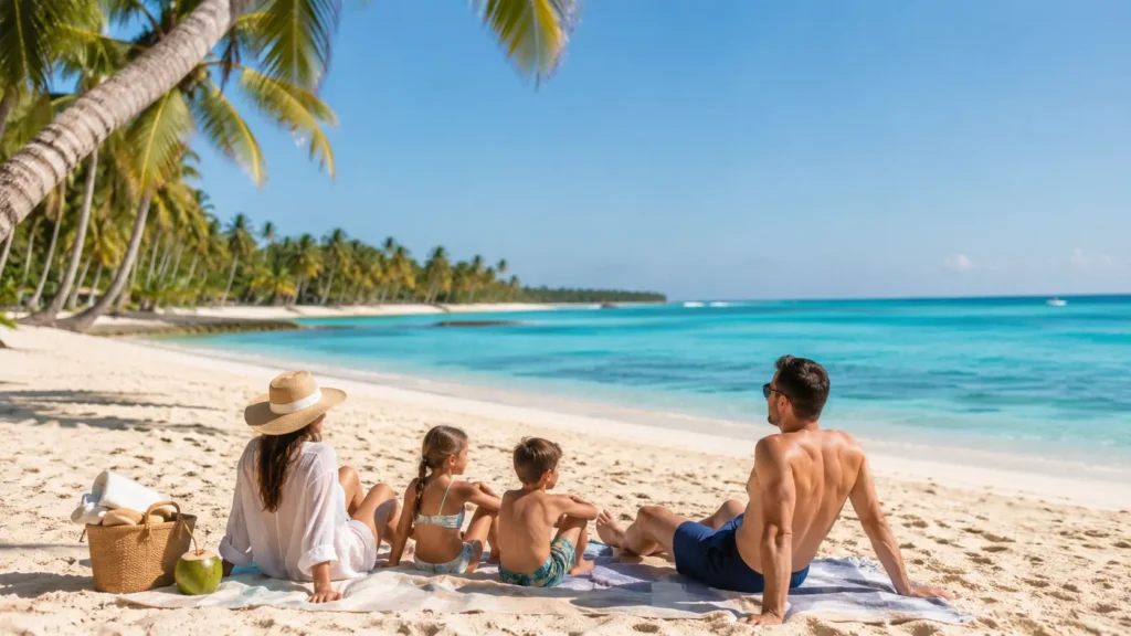 Family enjoying a relaxing beach day on Bavaro Beach in Punta Cana with soft white sand, calm turquoise Caribbean water, and swaying palm trees.