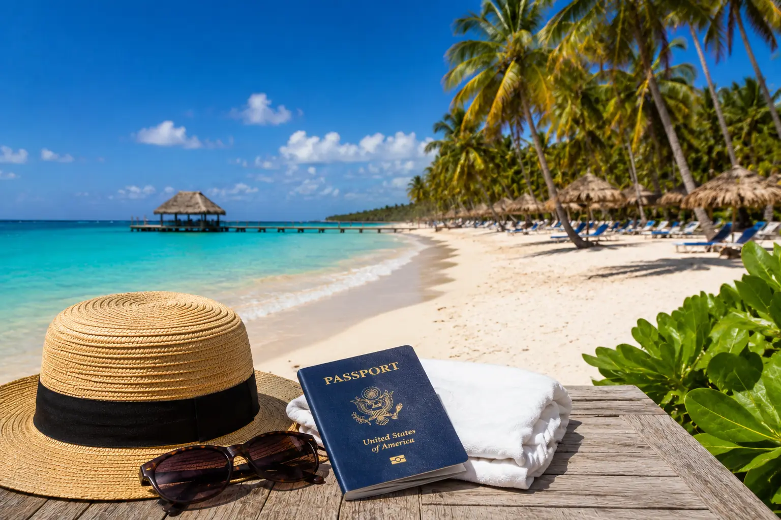 Beach travel essentials with passport, hat and sunglasses on a sunny Punta Cana beach for travel advisory planning