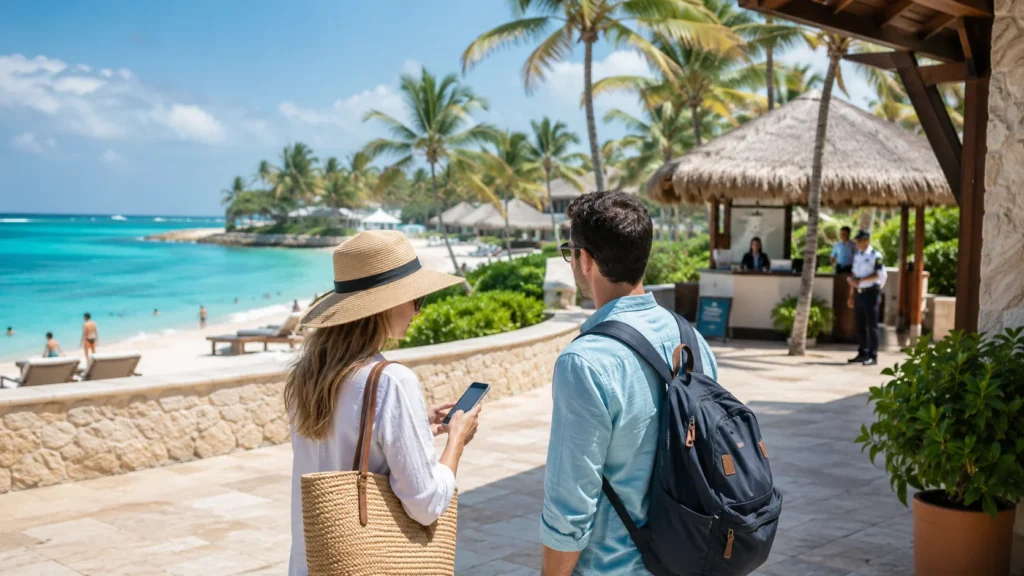 Travelers checking Punta Cana travel advisory information at a beach resort in the Dominican Republic