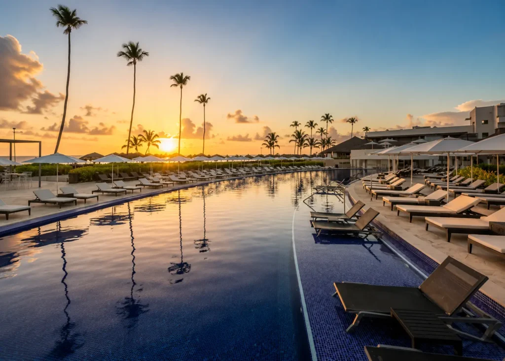 Luxury Punta Cana family resort swimming pool at sunset with palm trees, sun loungers, and modern beachfront accommodations in the Dominican Republic.