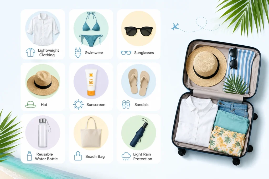 Minimal infographic showing essential items to pack for Punta Cana weather, including lightweight clothing, swimwear, sunscreen, sunglasses, hat, sandals, reusable water bottle, beach bag, and light rain protection for a tropical beach vacation.