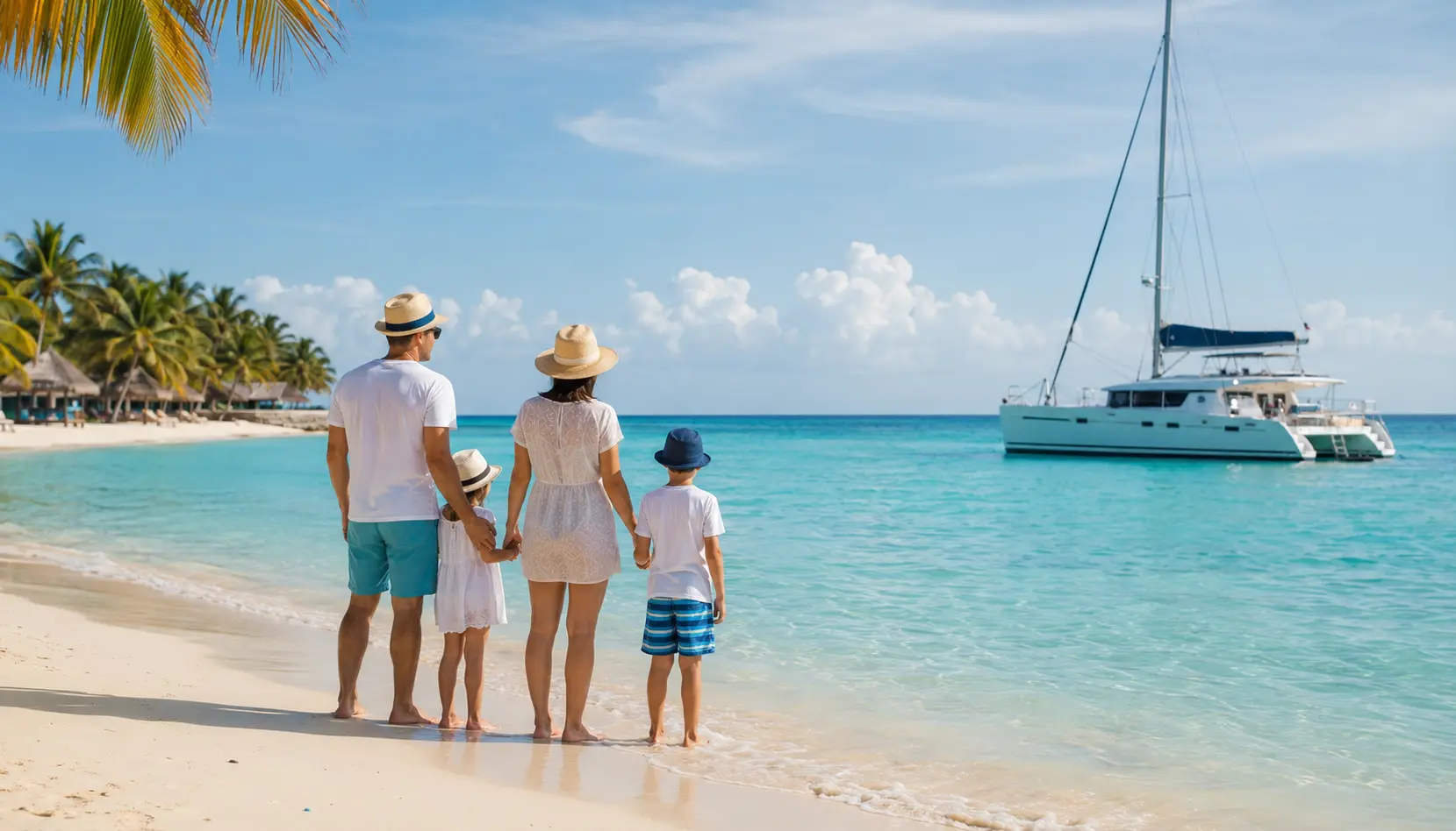 Family friendly excursions in Punta Cana featuring a family relaxing on a tropical beach with a luxury catamaran in the turquoise Caribbean Sea.