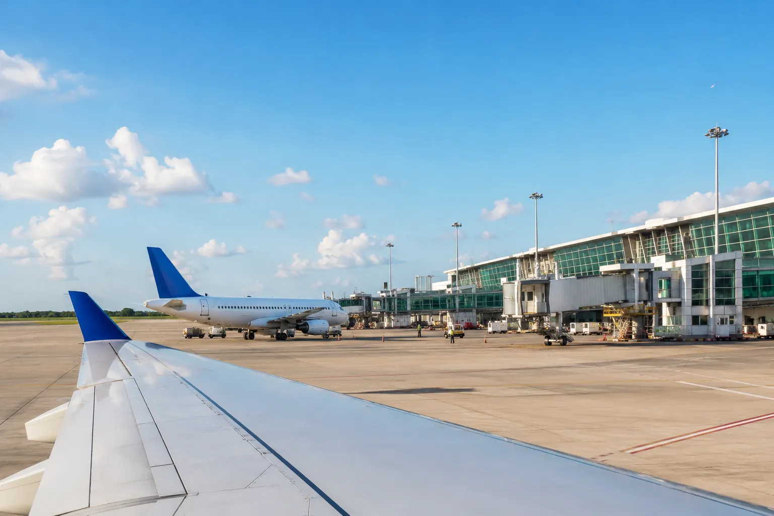 Airports in Dominican Republic with a modern international airport terminal, commercial airplanes on the runway, and a clear tropical sky, representing air travel options for Punta Cana.