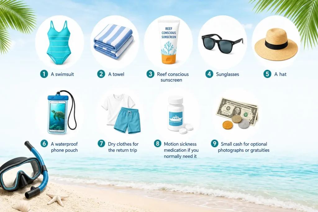Beach-themed infographic showing a snorkeling packing checklist for Bavaro Beach with icons for a swimsuit, towel, reef-safe sunscreen, sunglasses, hat, waterproof phone pouch, dry clothes, motion sickness medication, cash, and snorkeling gear.