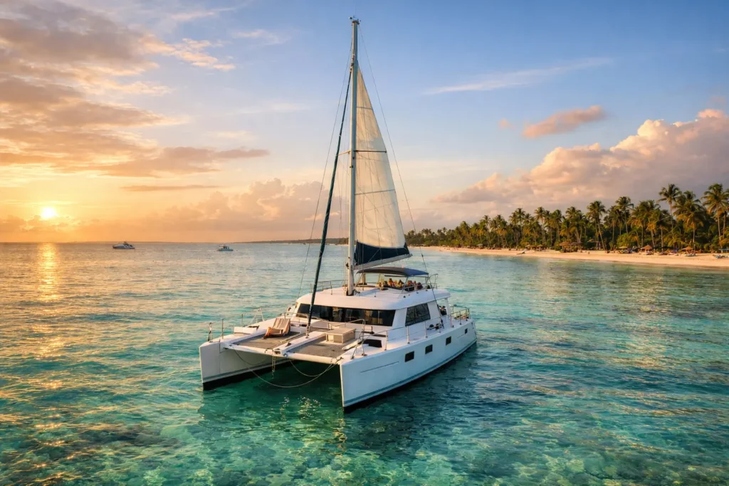 Best catamaran tours Punta Cana featuring a luxury white catamaran sailing across crystal-clear turquoise water near a palm-lined beach at sunset in the Dominican Republic.