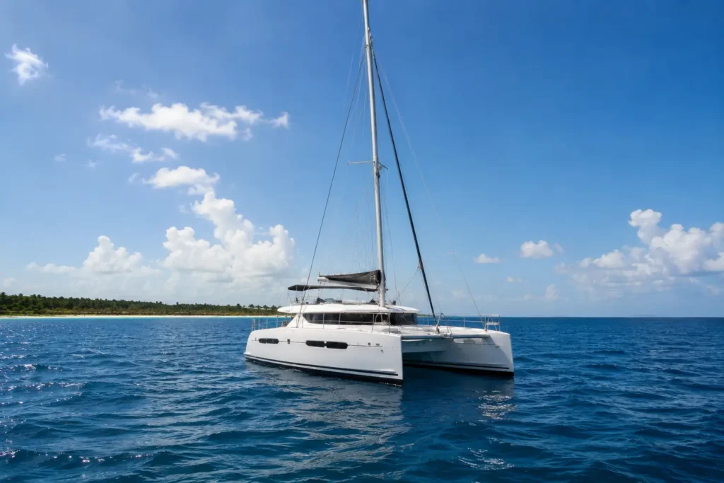 A luxury white catamaran cruise sailing through deep blue Caribbean waters along the Punta Cana coast on a sunny day with a clear sky and a distant tropical shoreline.