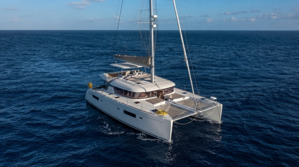 Luxury white catamaran cruising on the deep blue Caribbean Sea during a Punta Cana catamaran excursion under clear tropical skies.