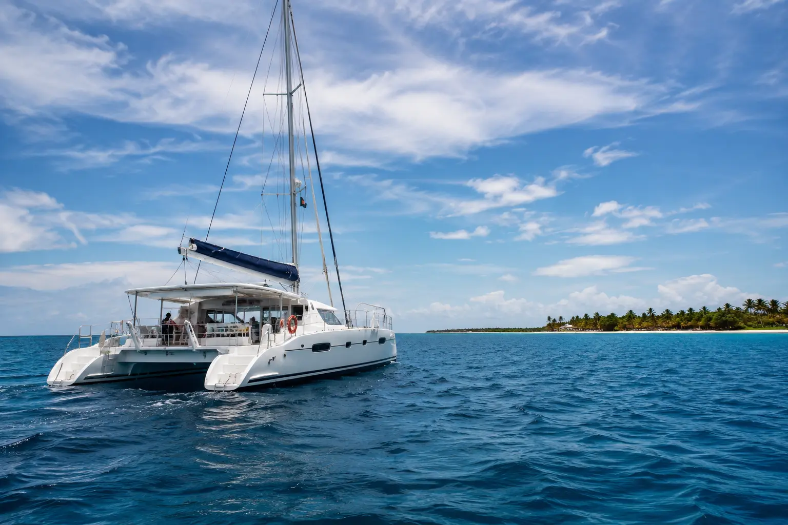 Tours and excursions in Punta Cana featuring a luxury white catamaran sailing across deep turquoise Caribbean waters near the tropical coastline under a bright blue sky.
