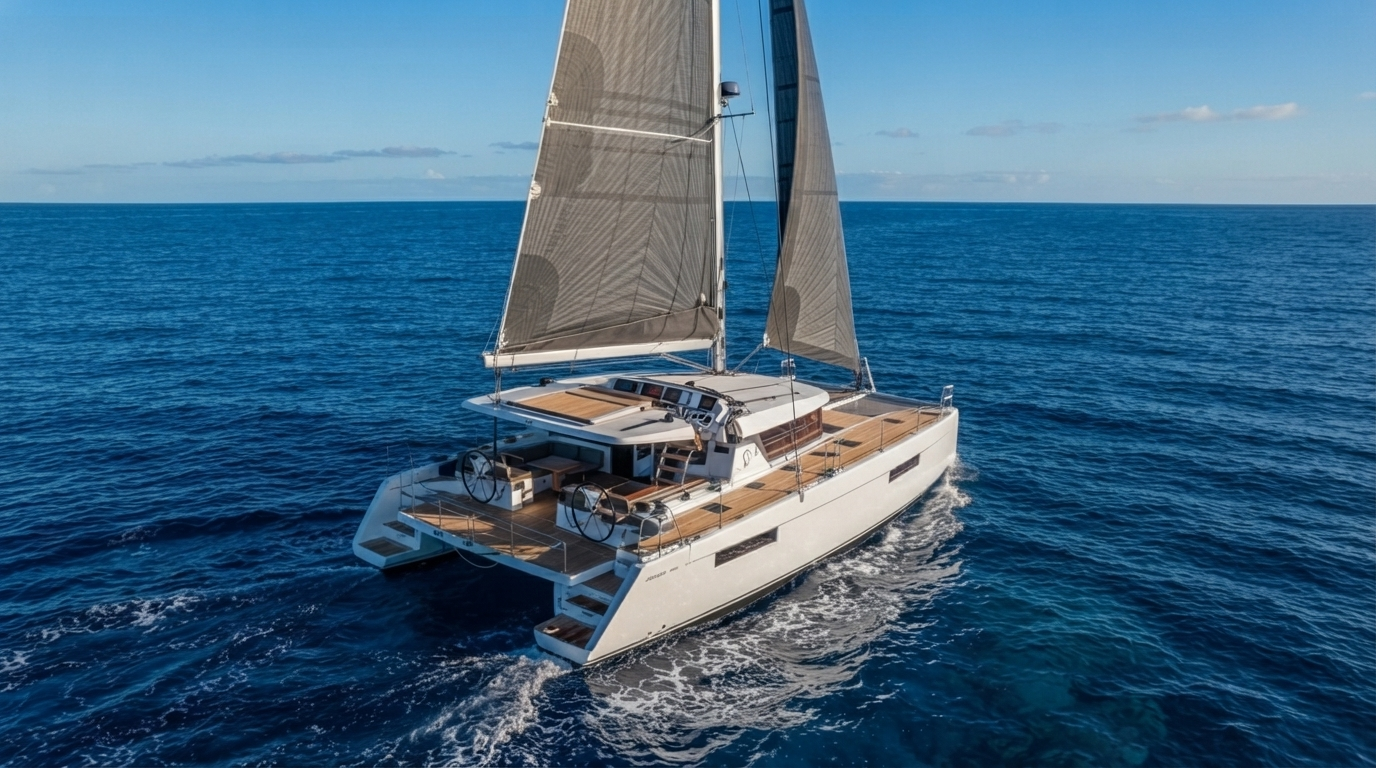 Luxury catamaran sailing across the Caribbean Sea near Bavaro Beach for a snorkeling Bavaro Beach adventure.