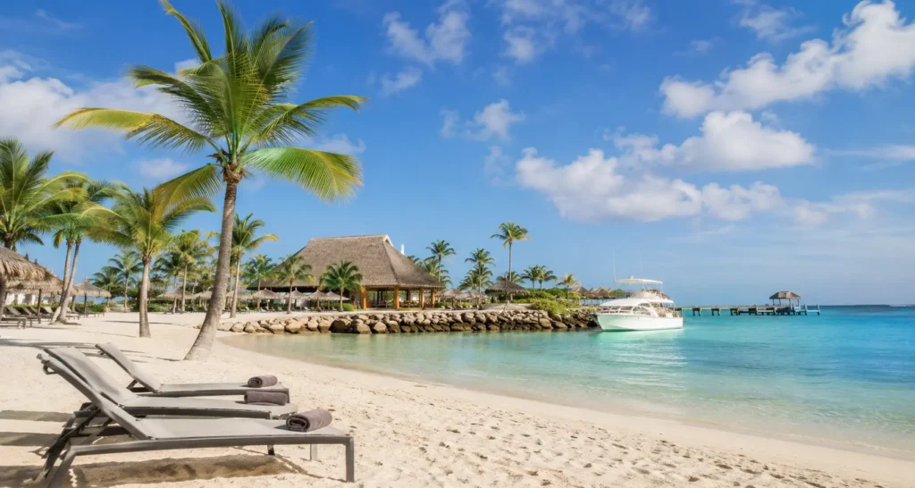 Tropical beachfront resort and clear ocean for all inclusive trips to Punta Cana.