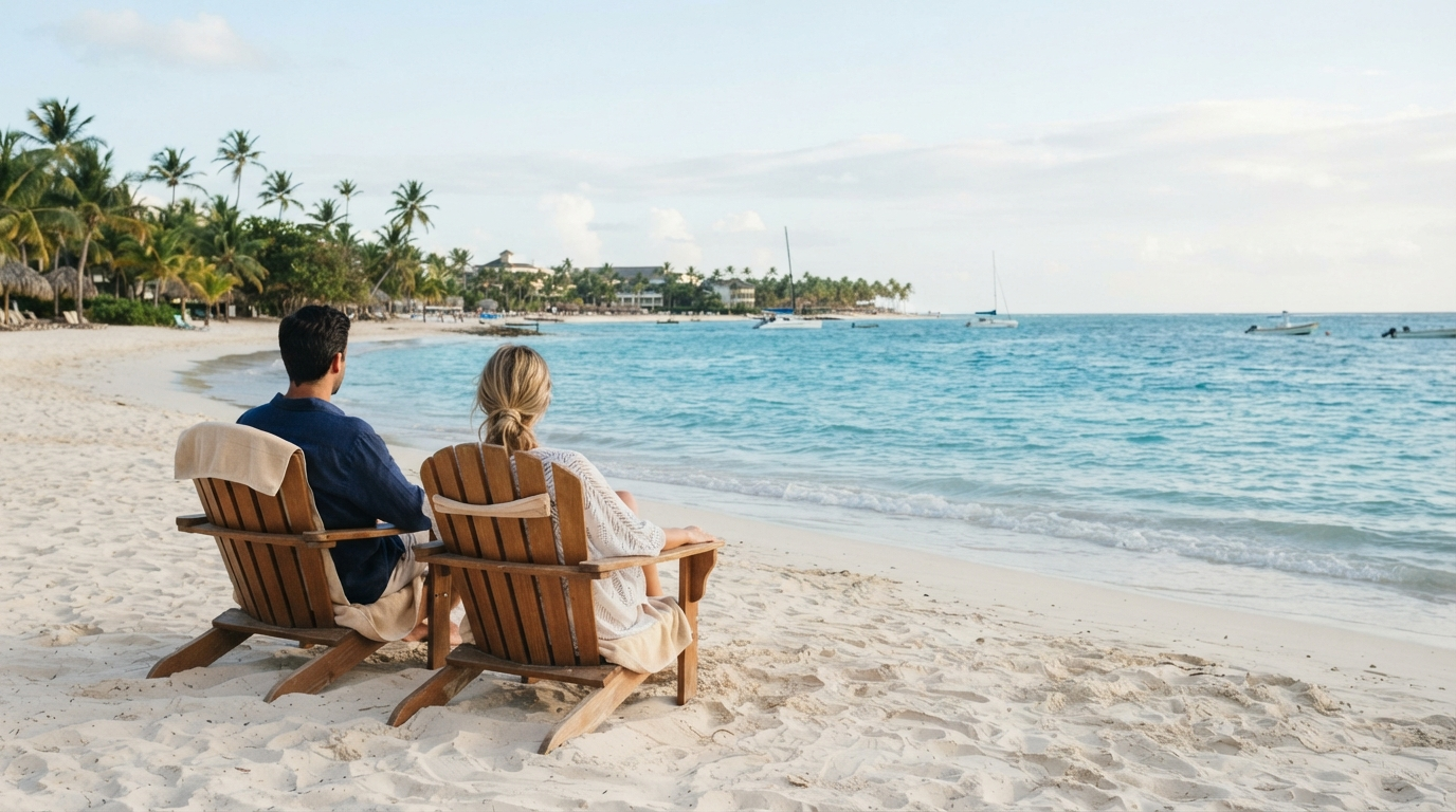 Couple relaxing on a tropical beach during all inclusive trips to Punta Cana.